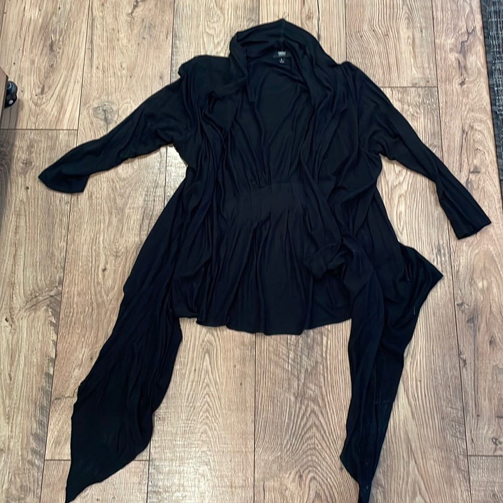 Mission size large, black 3/4 sleeve open front top.